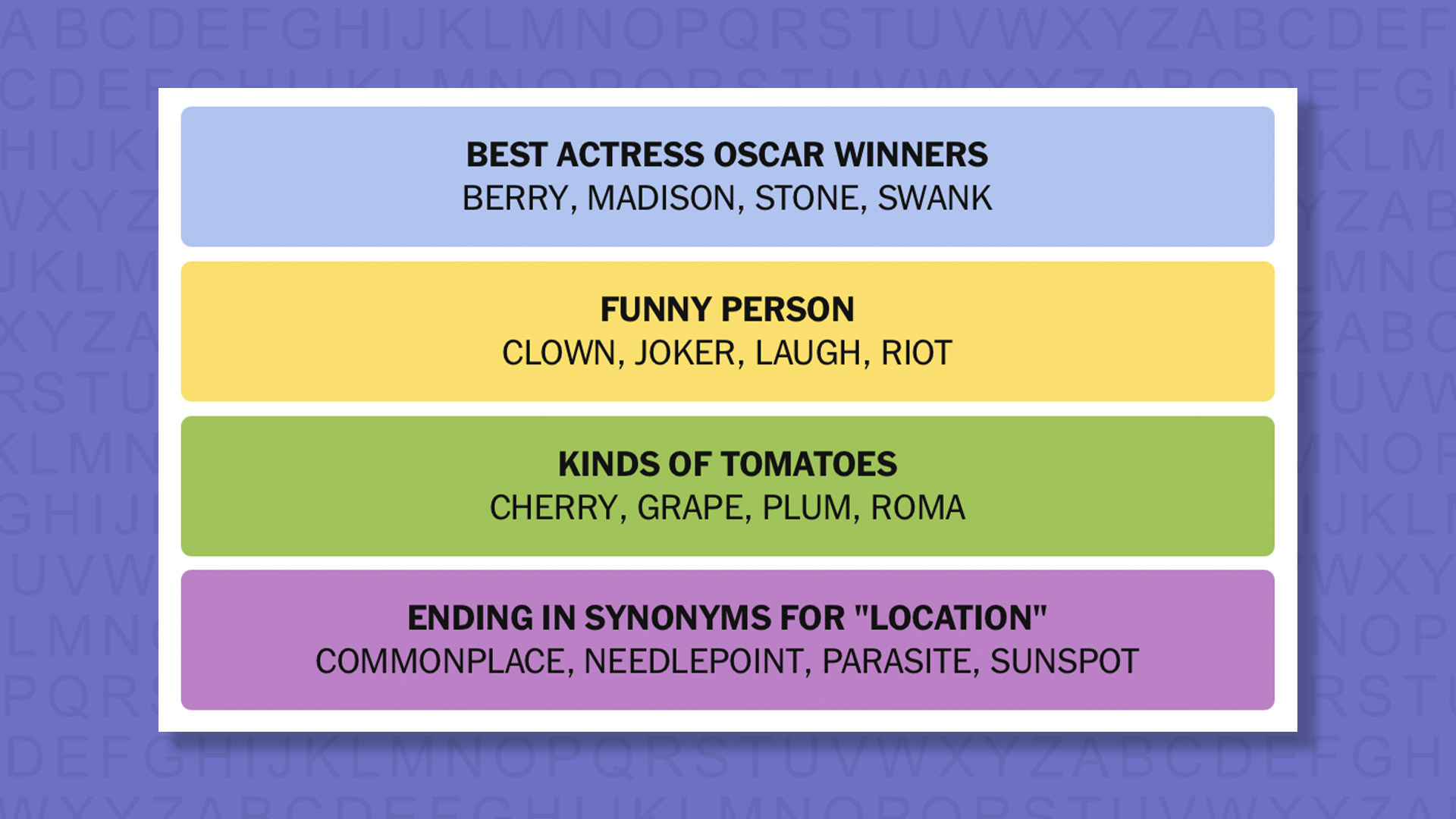 NYT Connections answers for game 891 on purple background