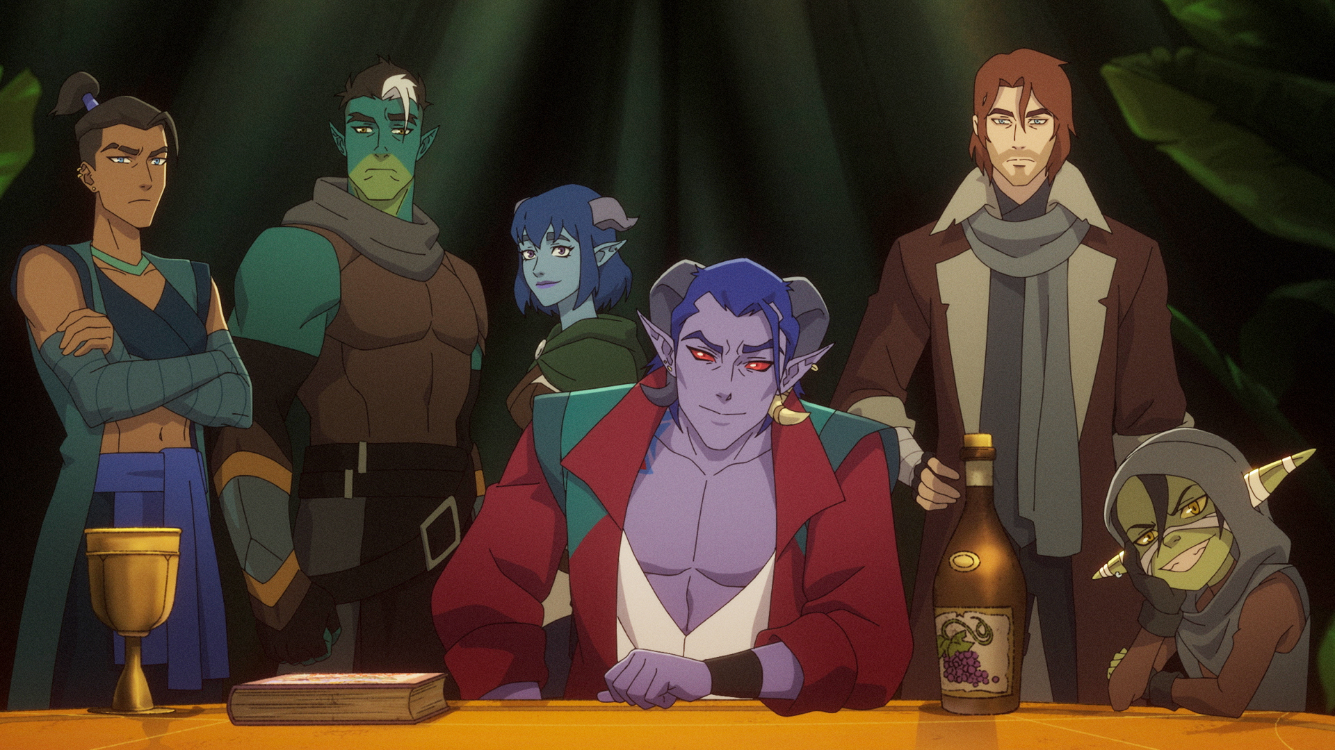 Mollymauk sitting at a table as the rest of the Mighty Nein stand behind her.