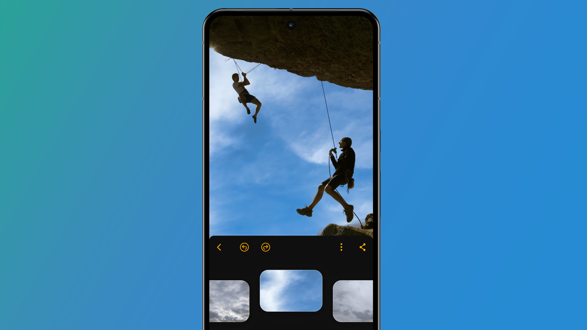 An Android phone on a green and blue background displaying the Luminar Neo application