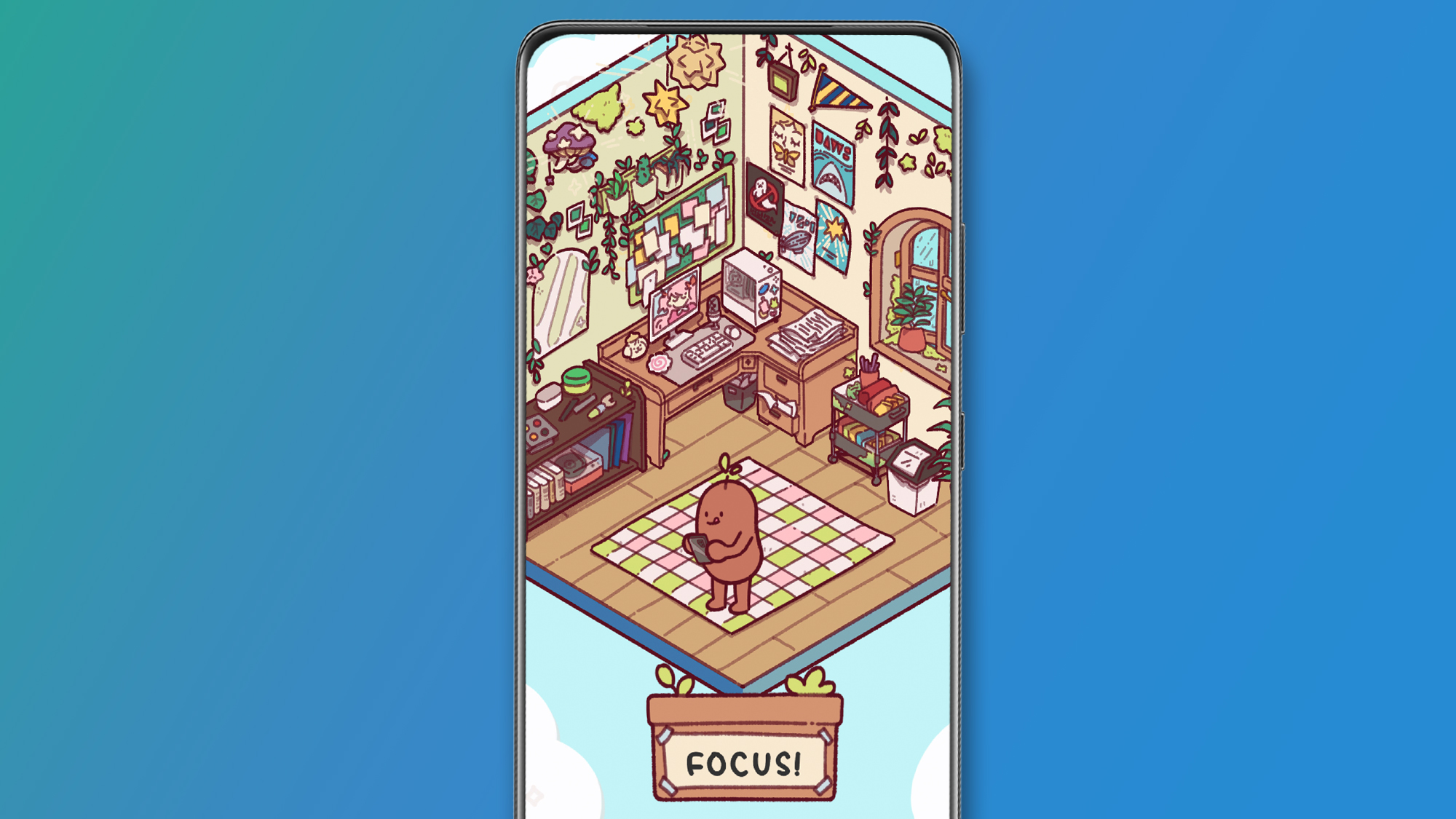 An Android phone on a green and blue background displaying the Focus Friend app