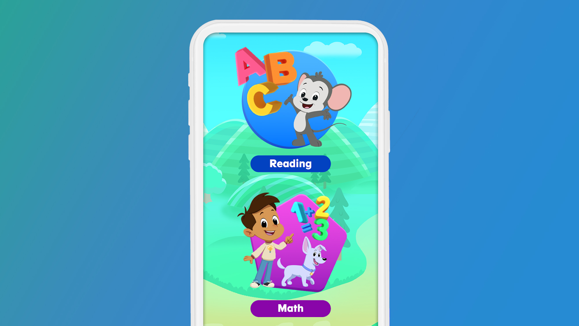 An Android phone on a green and blue background displaying the ABCMouse application