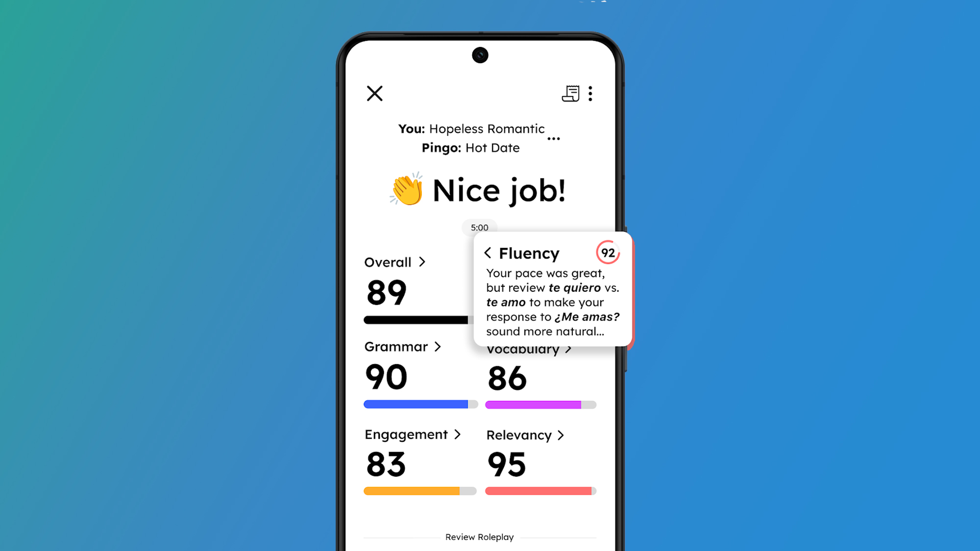 An Android phone on a green and blue background displaying the Pingo application