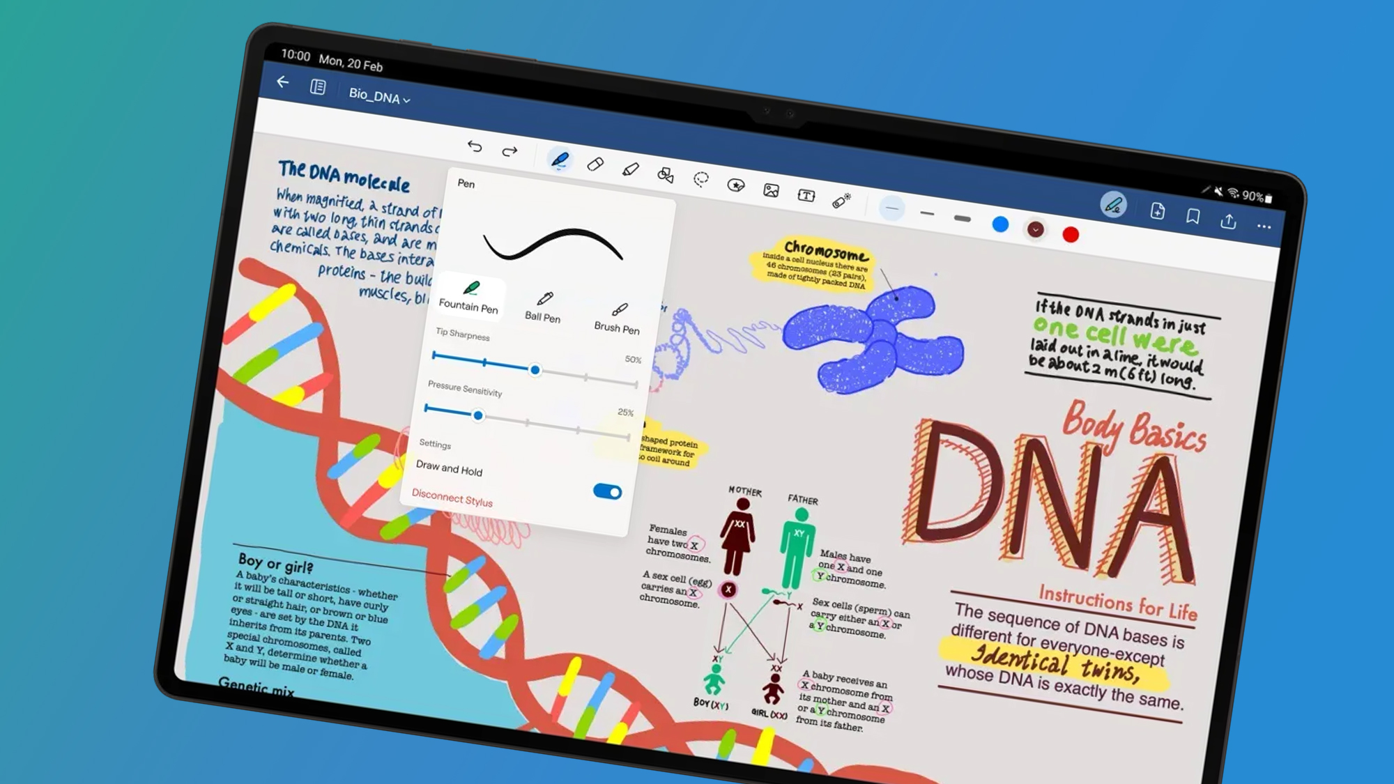 An Android tablet on a green and blue background showing the Goodnotes app