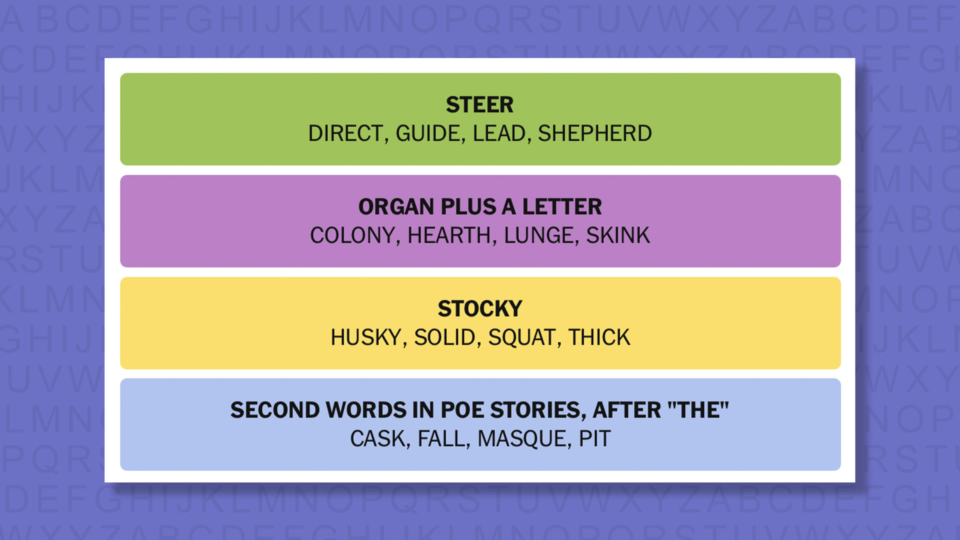 NYT Connections answers for game 892 on purple background