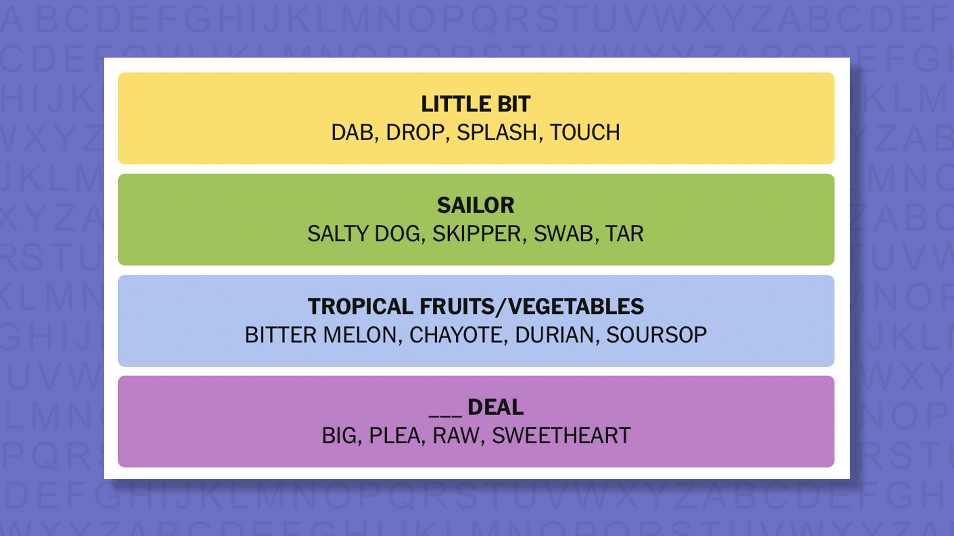 NYT Connections answers for game 895 on purple background