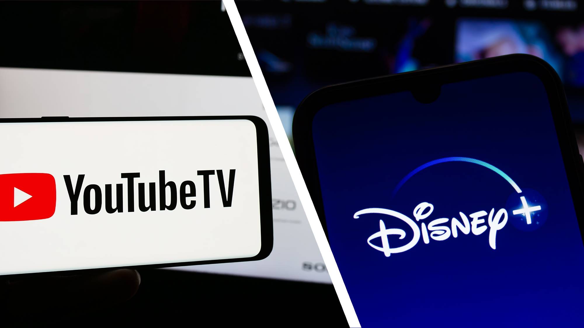Two phones, one with the YouTube TV logo and the other with the Disney+ logo