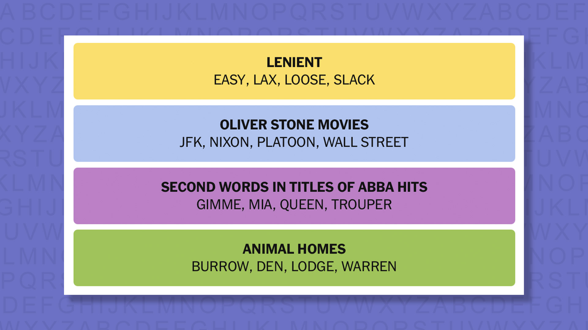 NYT Connections answers for game 896 on purple background