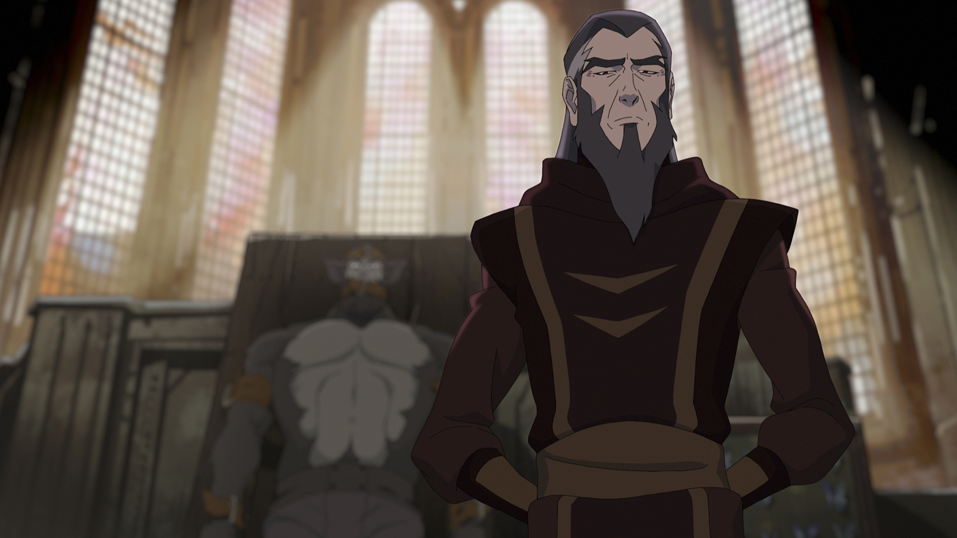 Trent Ikithon standing in front of a tied up individual in episode 1 of The Mighty Nein