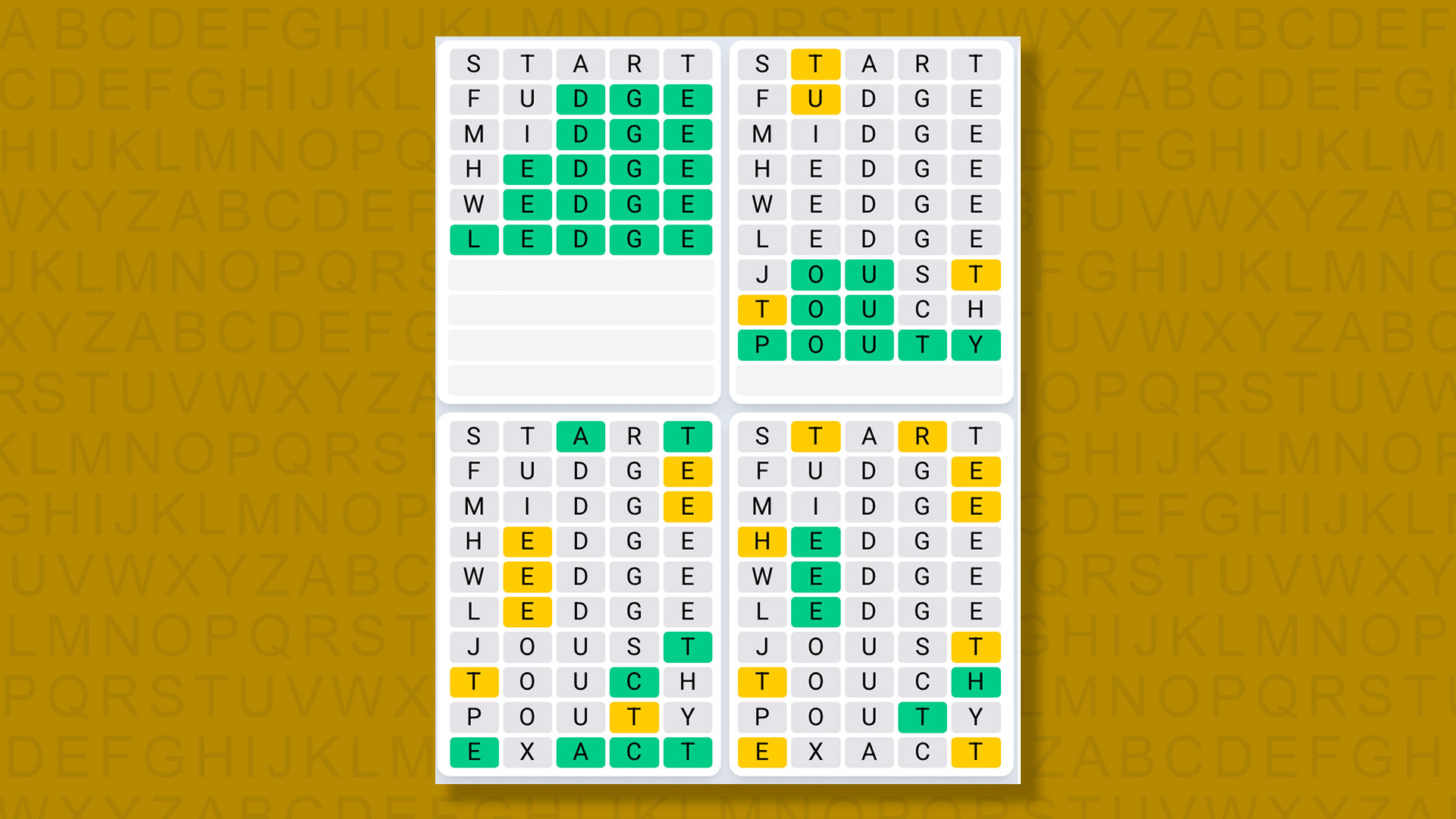 Quordle Daily Sequence answers for game 1406 on yellow background