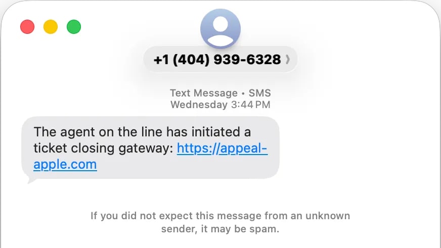 A fake message sent by a phisher to Eric Moret as part of an Apple support scam.