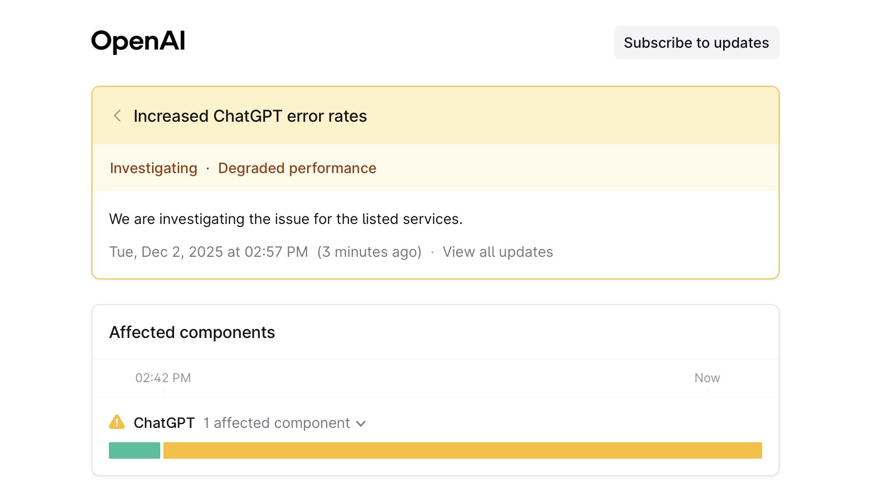 ChatGPT update on status page
