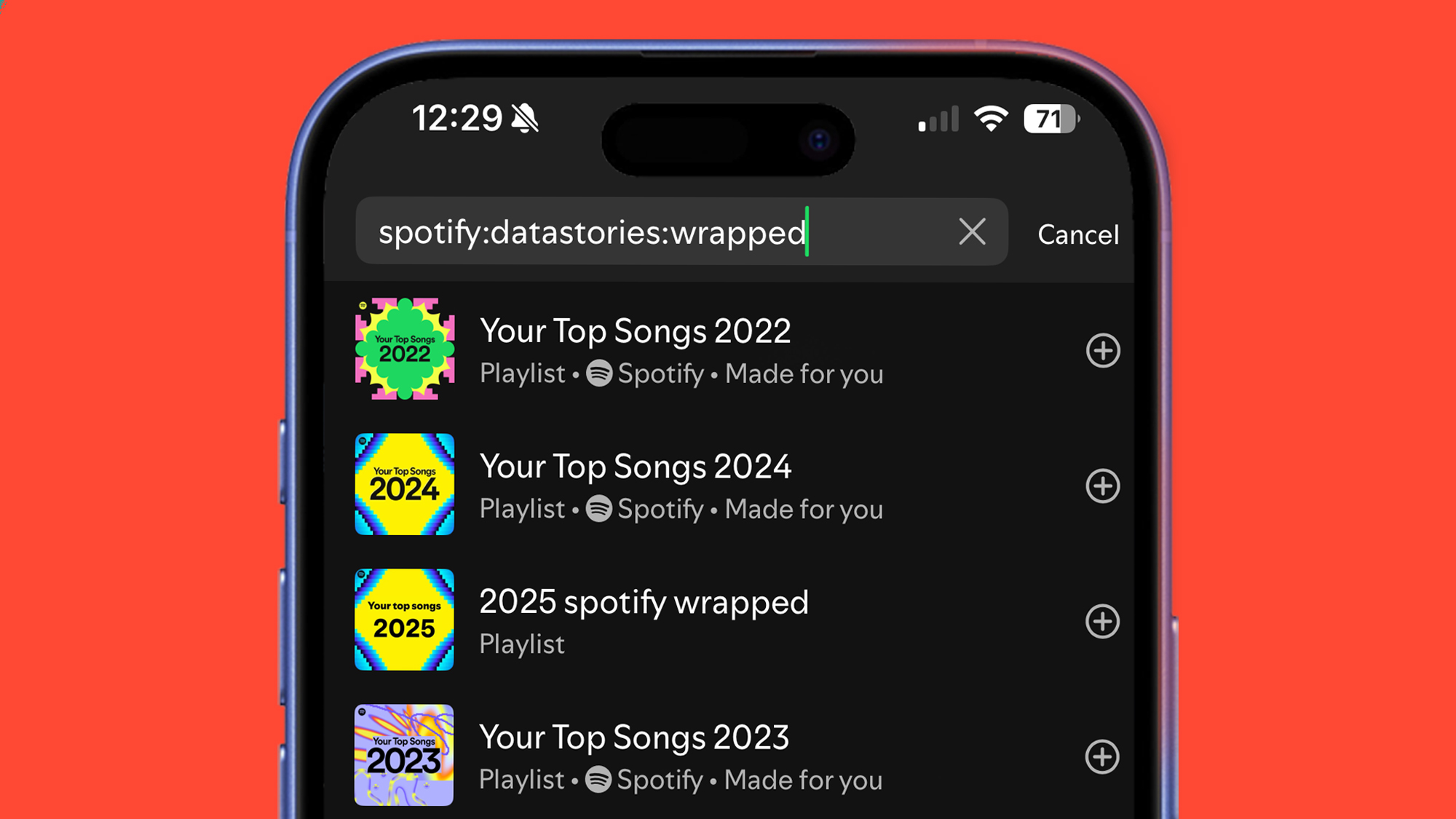 A phone on a red background displaying the Spotify application