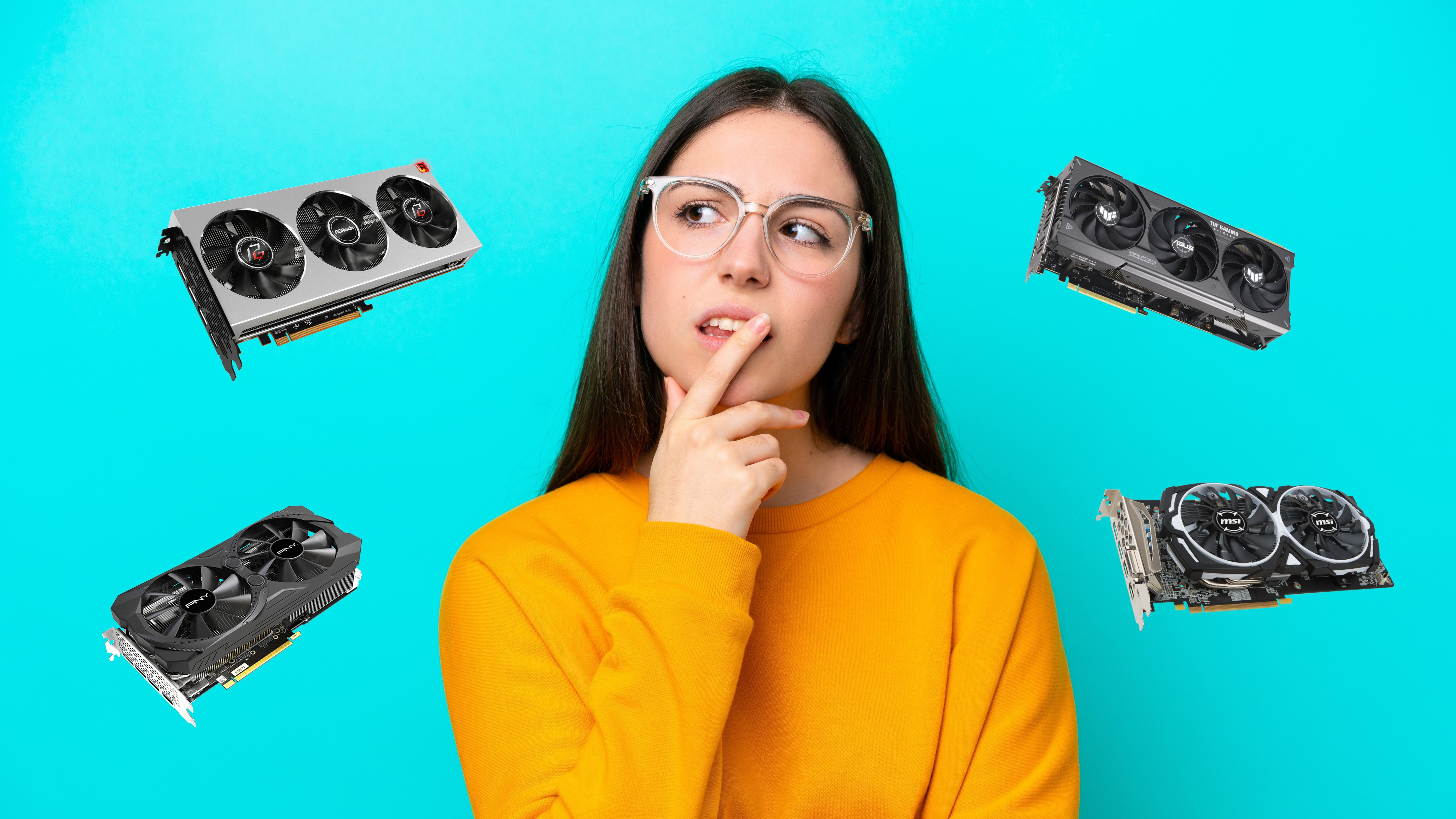 A thoughtful looking woman on a blue background surrounded by graphic cards.