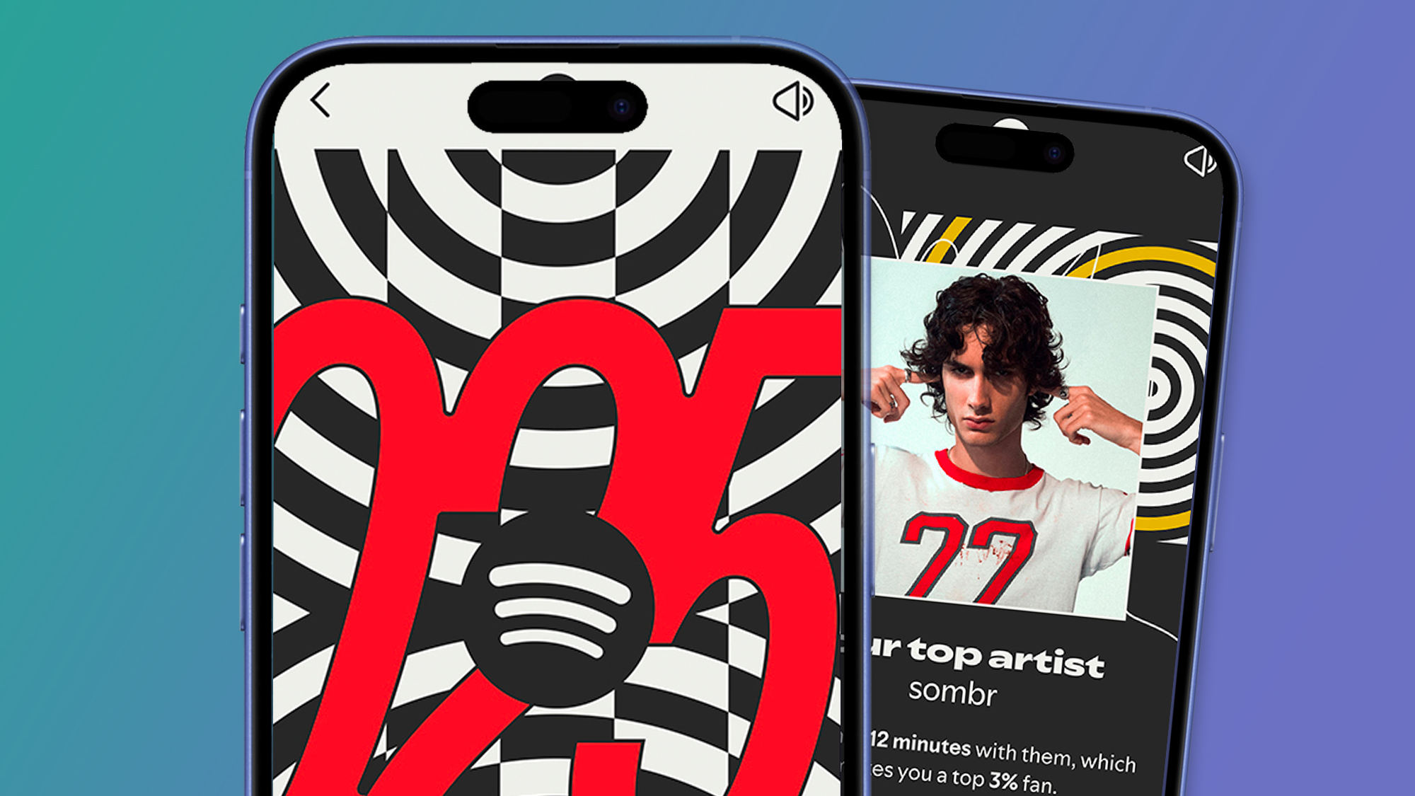 Two phones on green and blue background showing Spotify Wrapped 2025