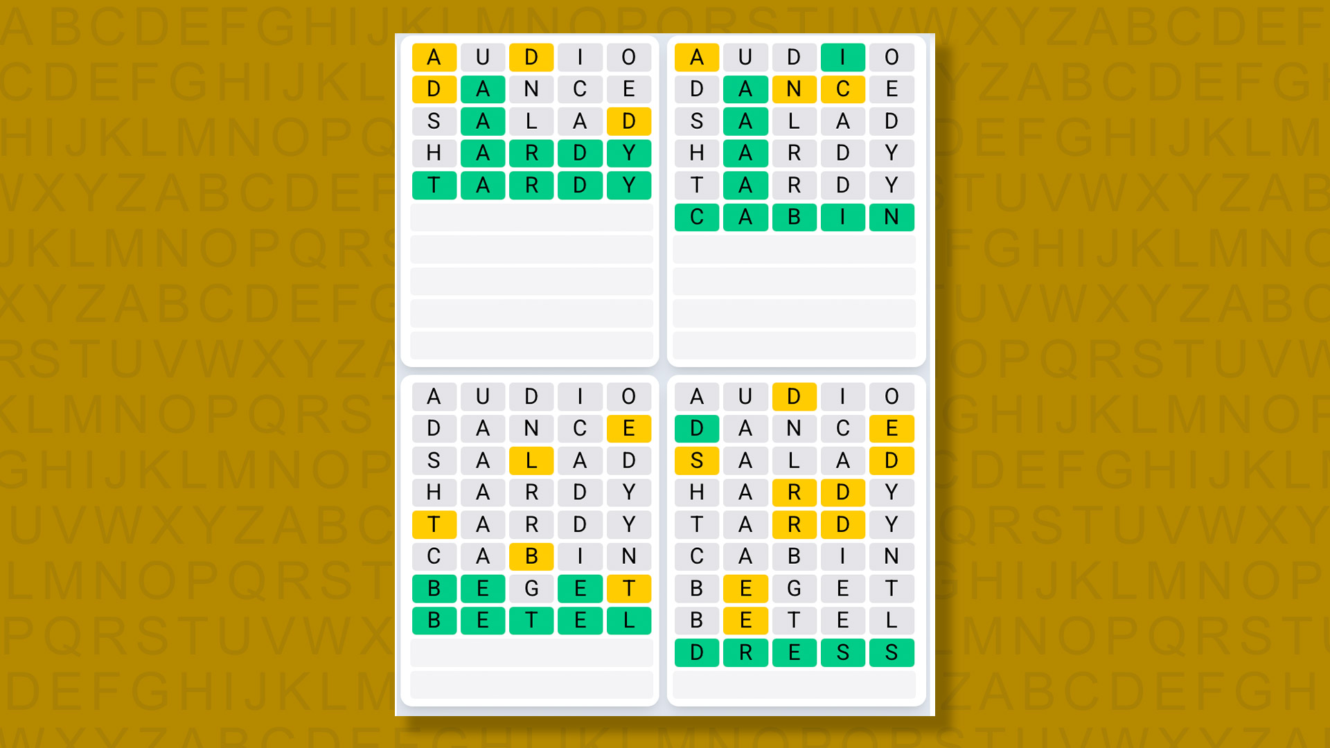 Quordle Daily Sequence answers for game 1416 on yellow background