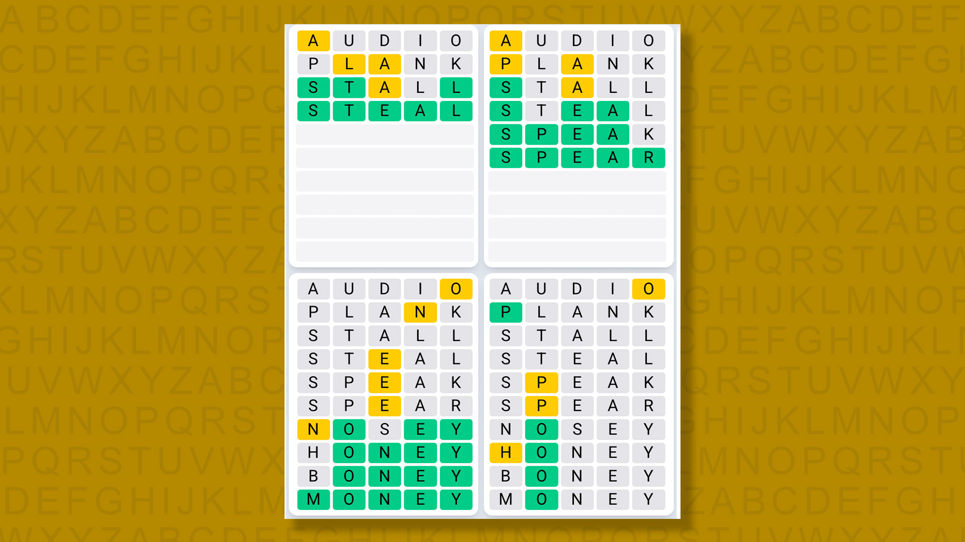 Quordle Daily Sequence answers for game 1417 on yellow background