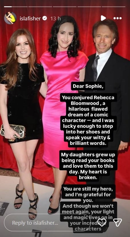 Isla Fisher offers condolences on passing of Confessions of a Shopaholic author