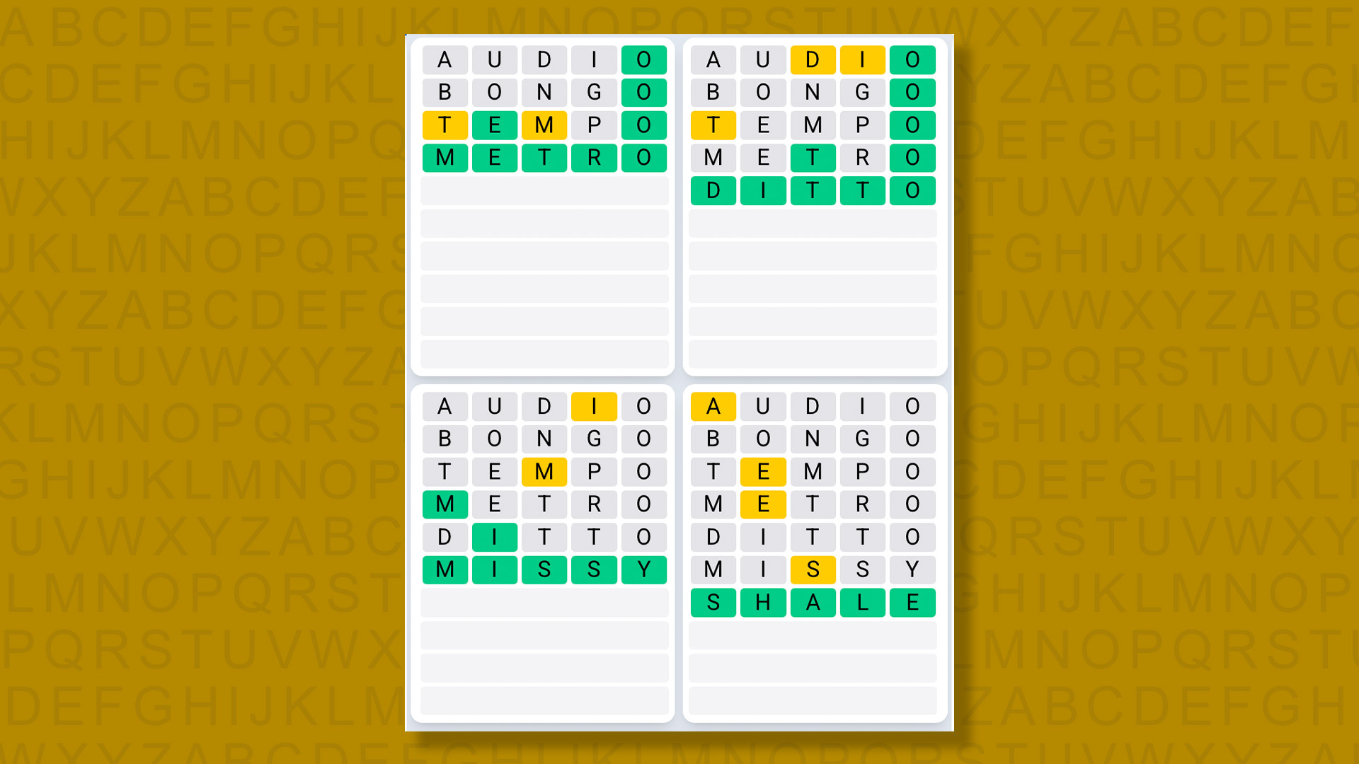 Quordle Daily Sequence answers for game 1419 on yellow background