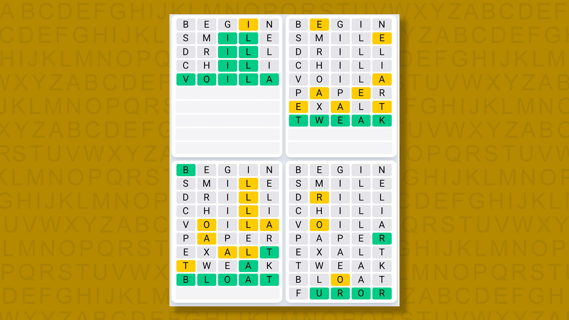 Quordle Daily Sequence answers for game 1419 on yellow background