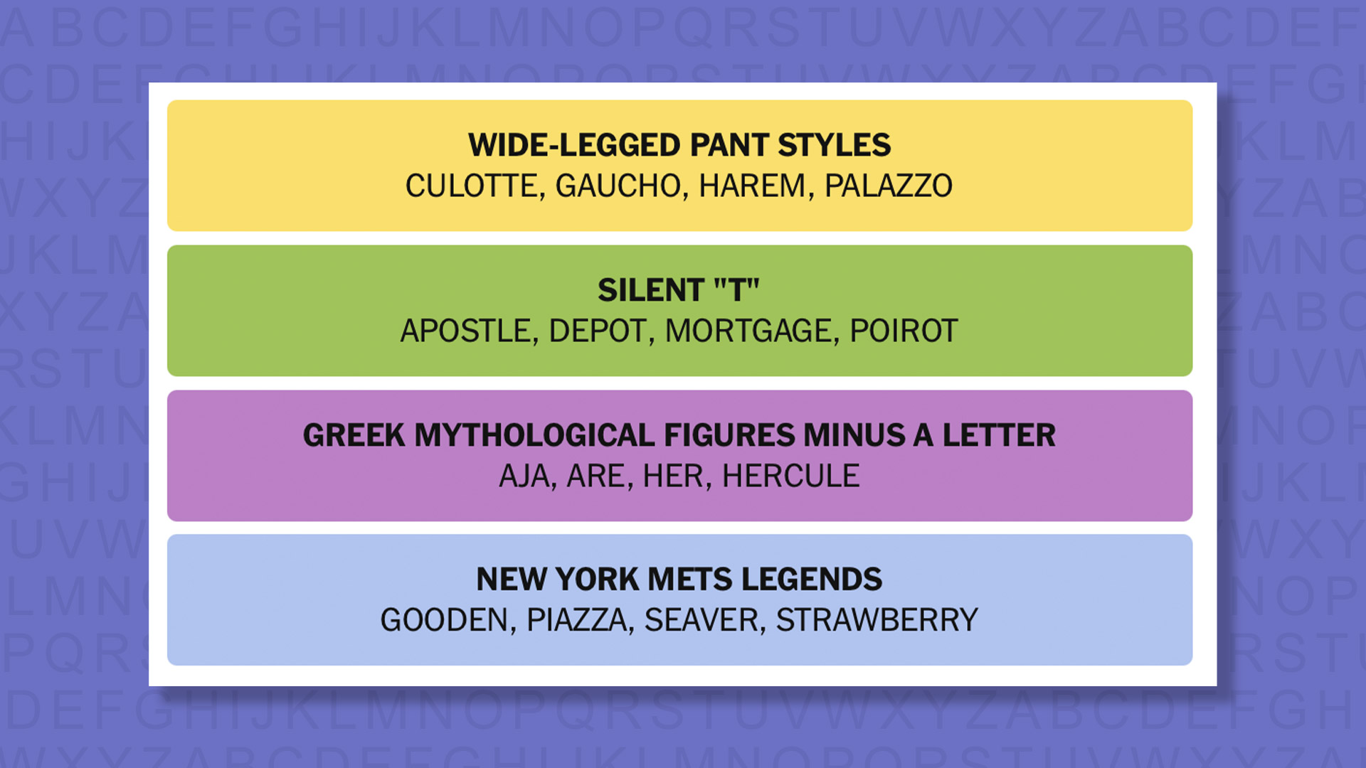 NYT Connections answers for game 916 on purple background