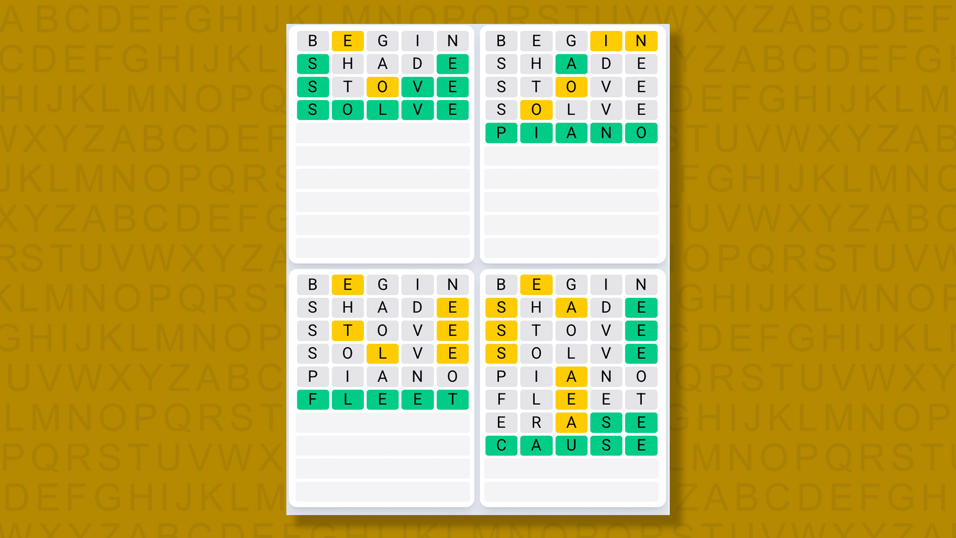 Quordle Daily Sequence answers for game 1420 on yellow background