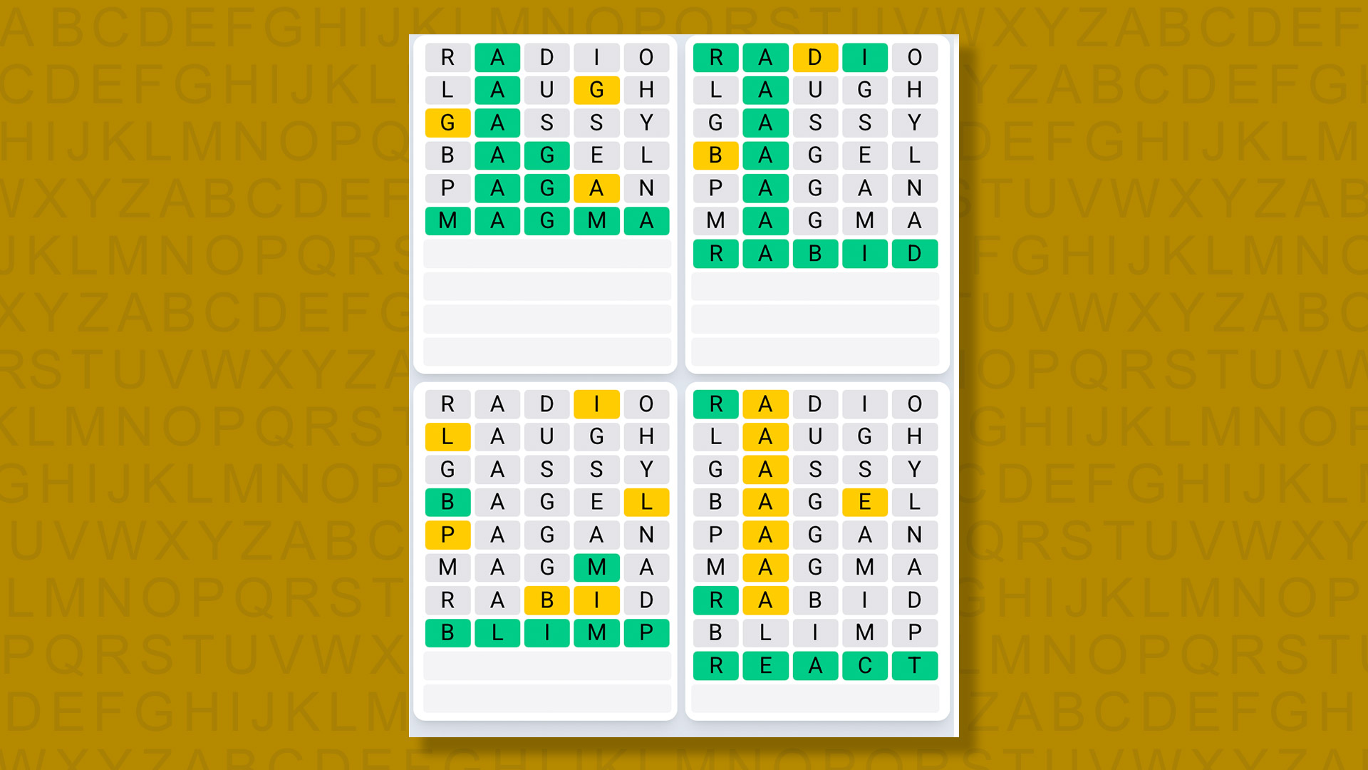 Quordle Daily Sequence answers for game 1428 on yellow background