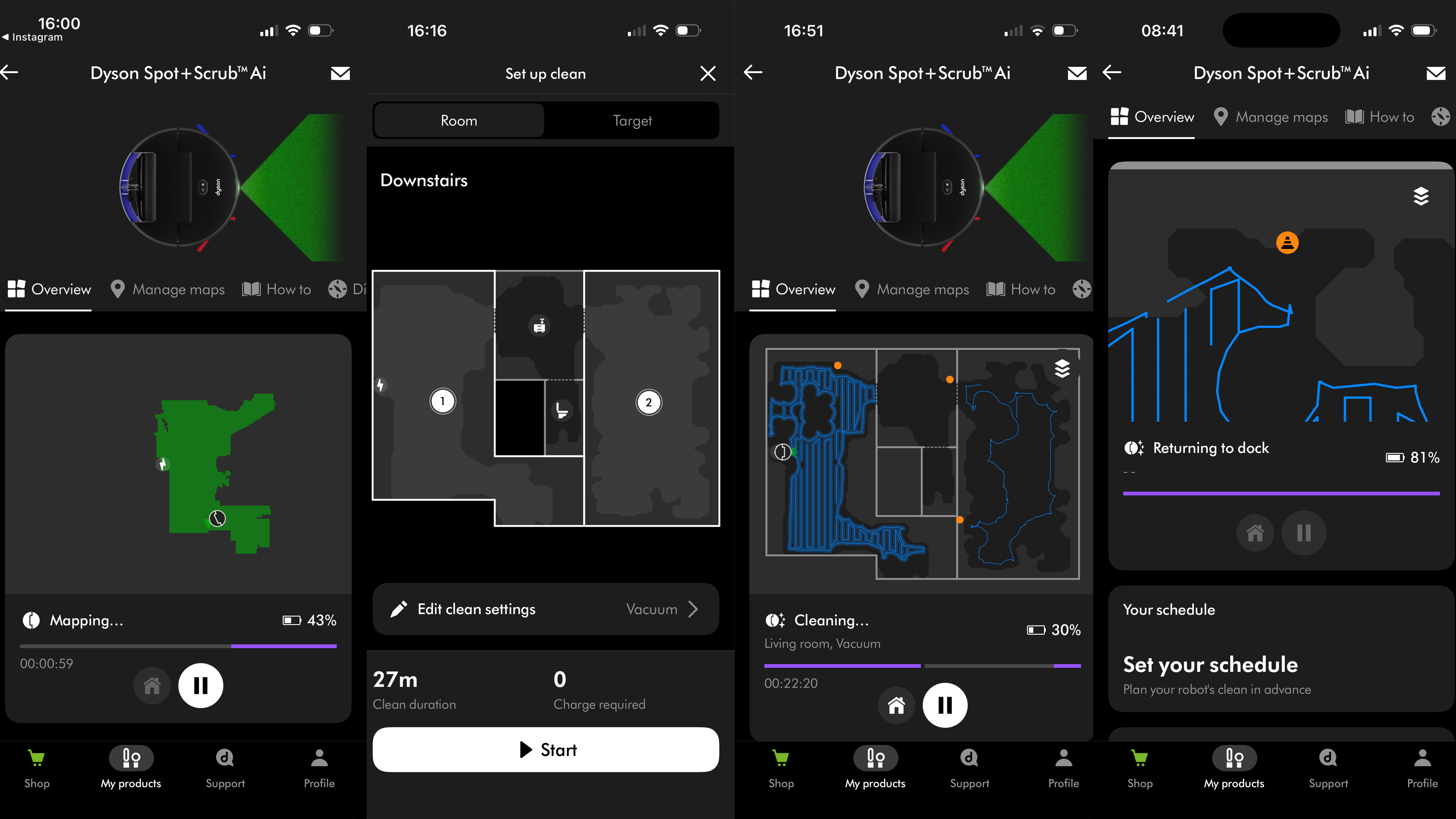 Screenshots of the Dyson Spot+Scrub Ai robot vacuum app