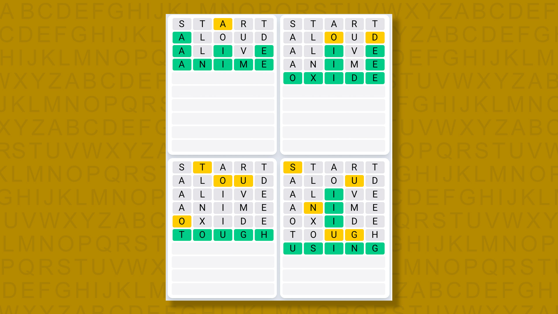 Quordle Daily Sequence answers for game 1431 on yellow background