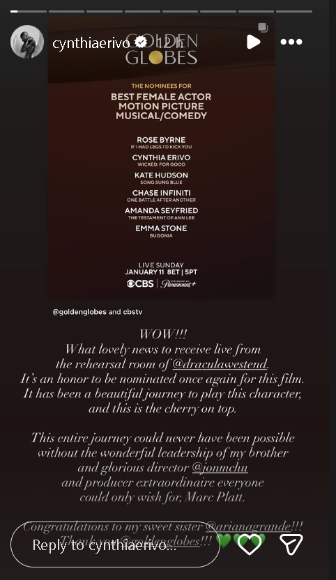 Cynthia Erivo marks her back-to-back Golden Globe nomination with a sweet note