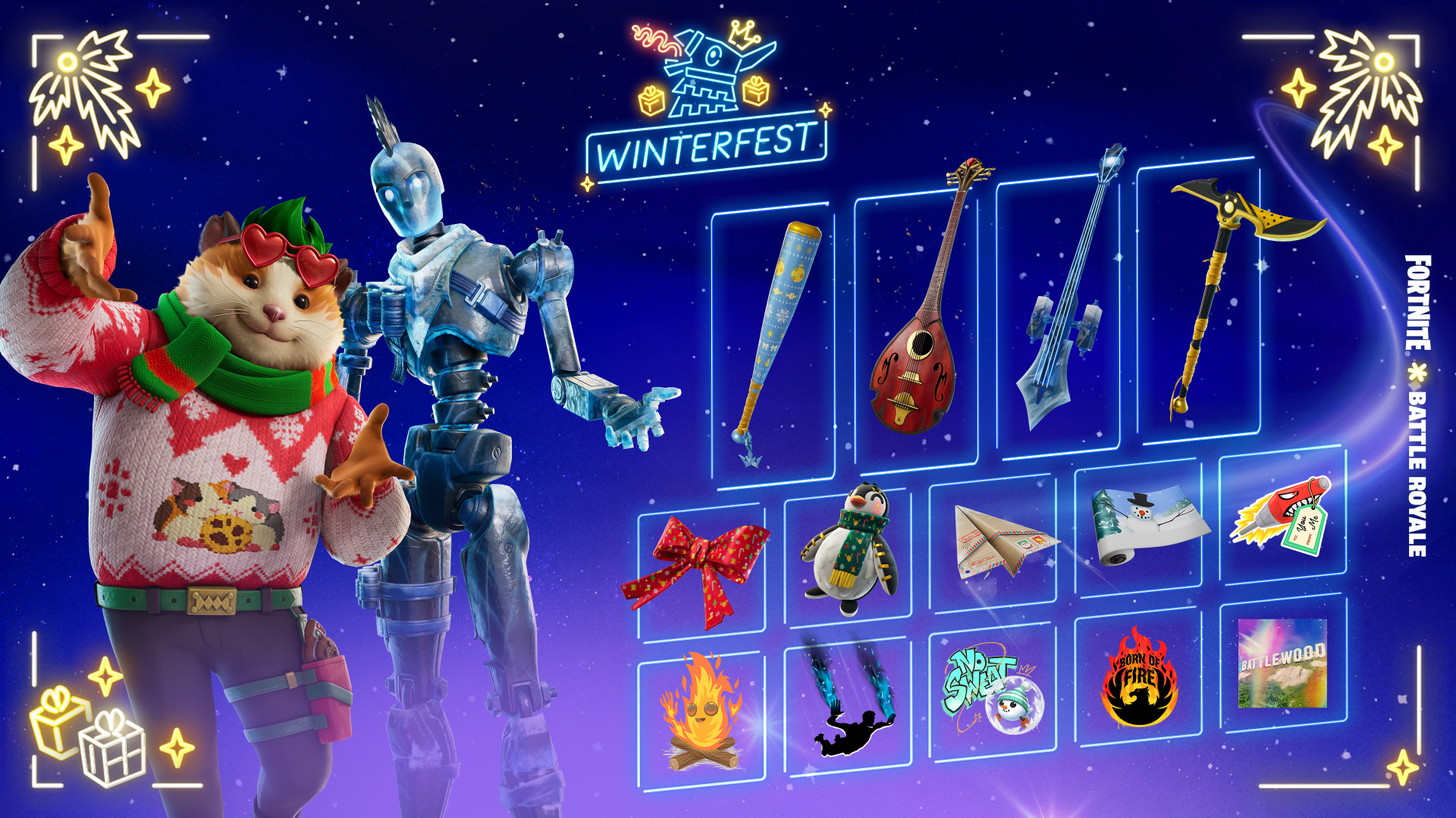 Fortnite Winterfest rewards including musical instruments, paper plane gliders, and more