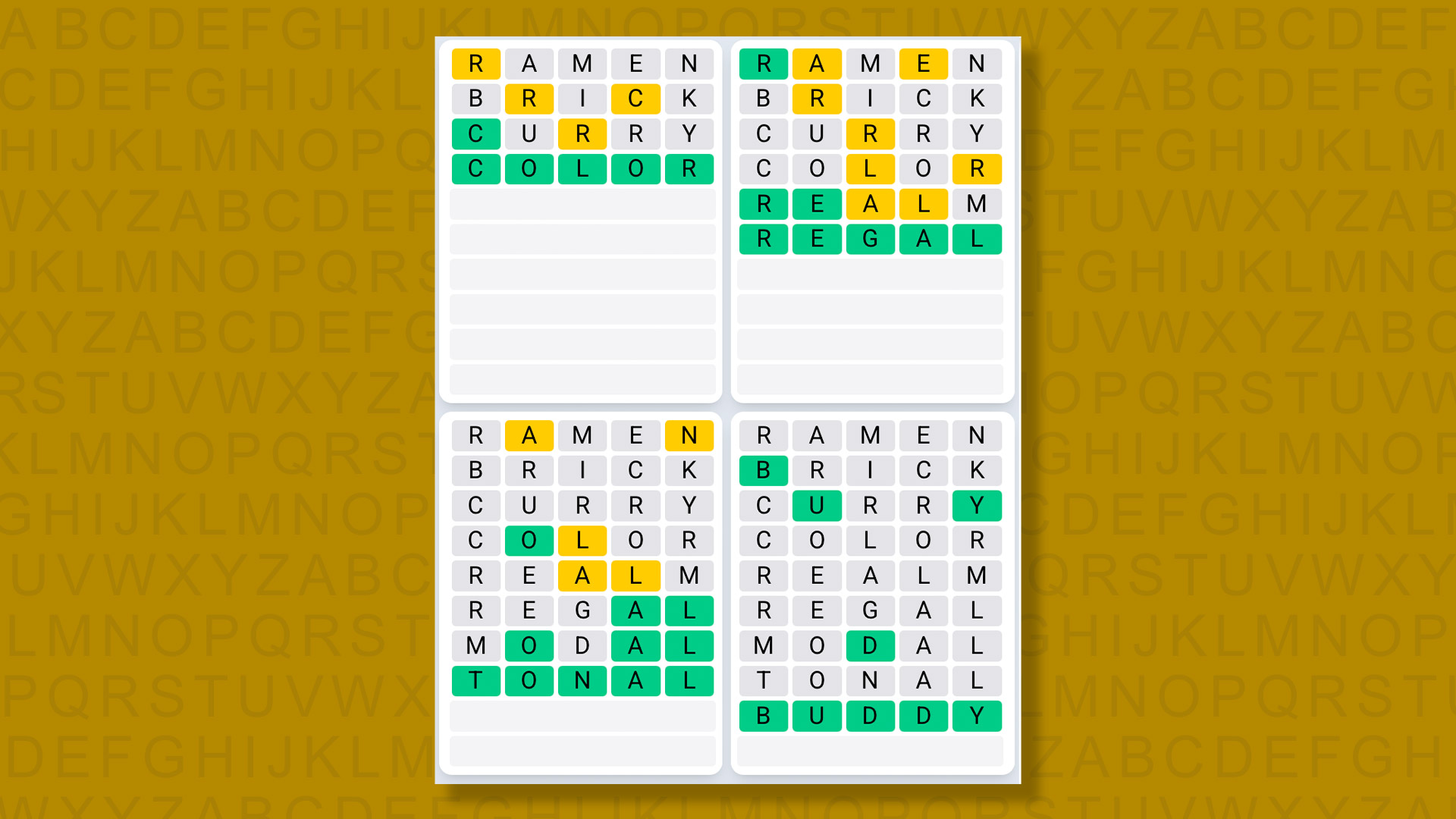 Quordle Daily Sequence answers for game 1440 on yellow background