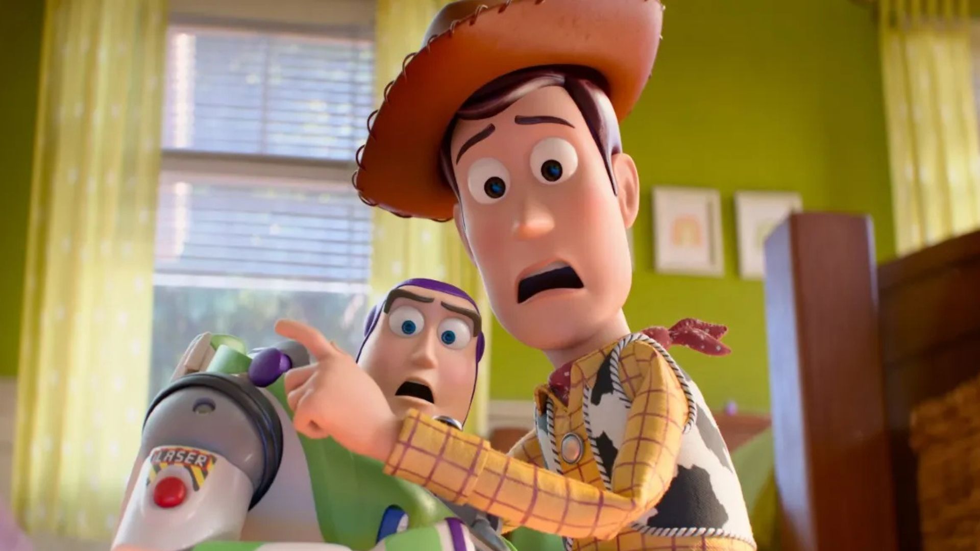 Buzz and Woody cower in fear