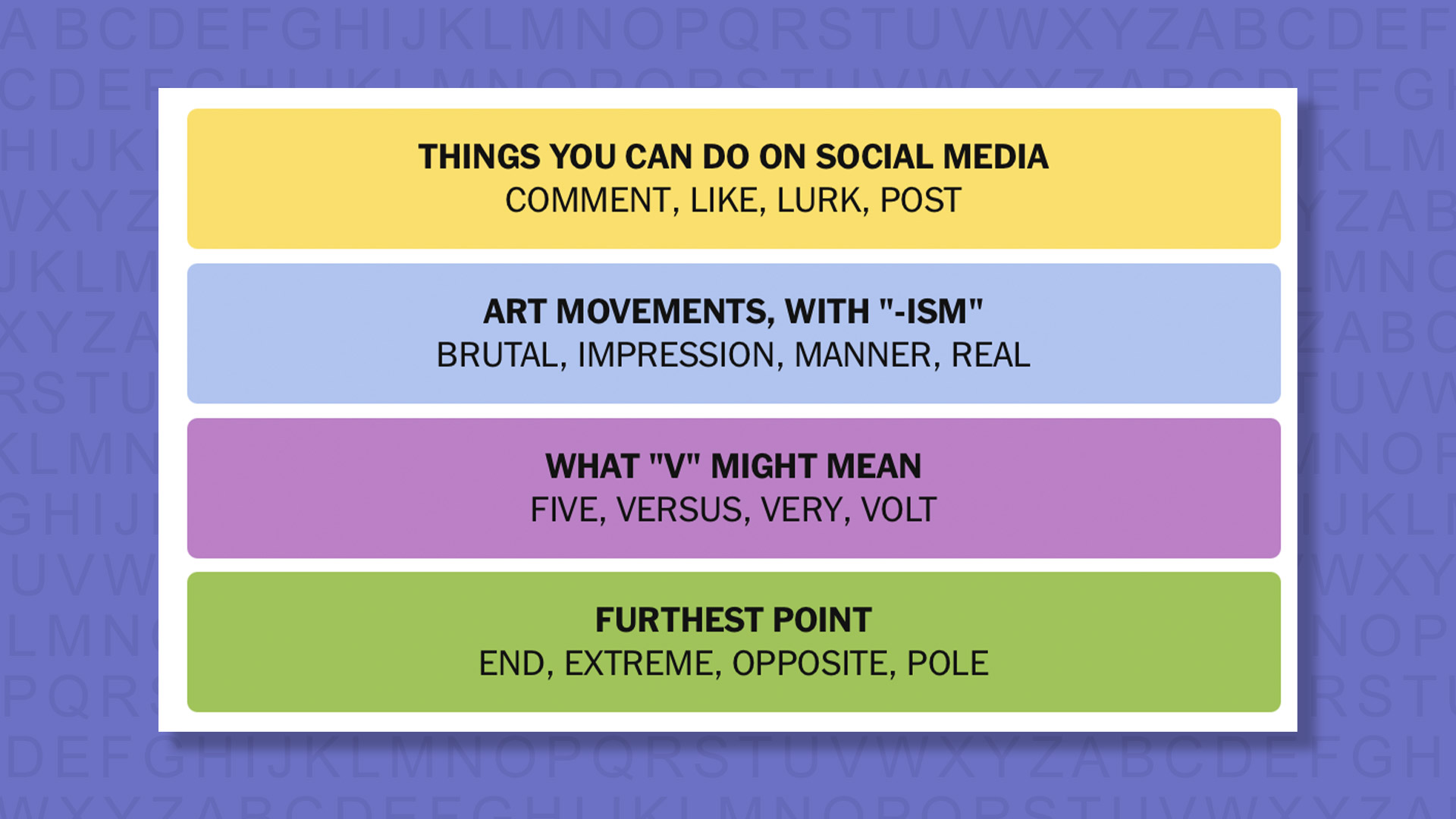 NYT Connections answers for game 939 on purple background