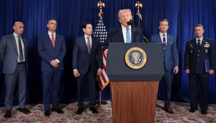 U.S. President Donald Trump speaks as White House Deputy Chief of Staff Stephen Miller, CIA Director John Ratcliffe, Secretary of State Marco Rubio, Defense Secretary Pete Hegseth and Joint Chiefs of Staff Gen. Dan Caine look on during a news conference following a U.S. strike in Venezuela in which President Nicolas Maduro and his wife Cilia Flores were captured, from the Trump club in Mar-a-Lago in Palm Beach, Florida, United States, January 3, 2026. — Reuters