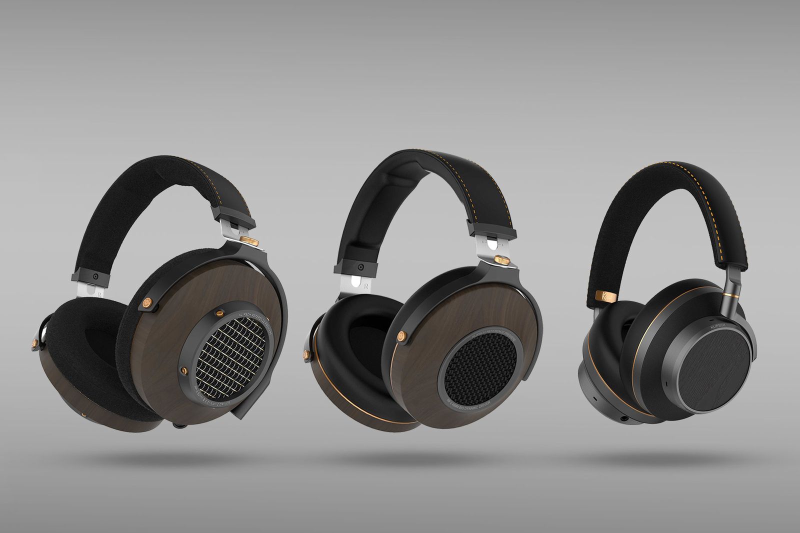 Klipsch Atlas Series headphones, from left to right: HP-3, HP-2 and HP-1 on gray background