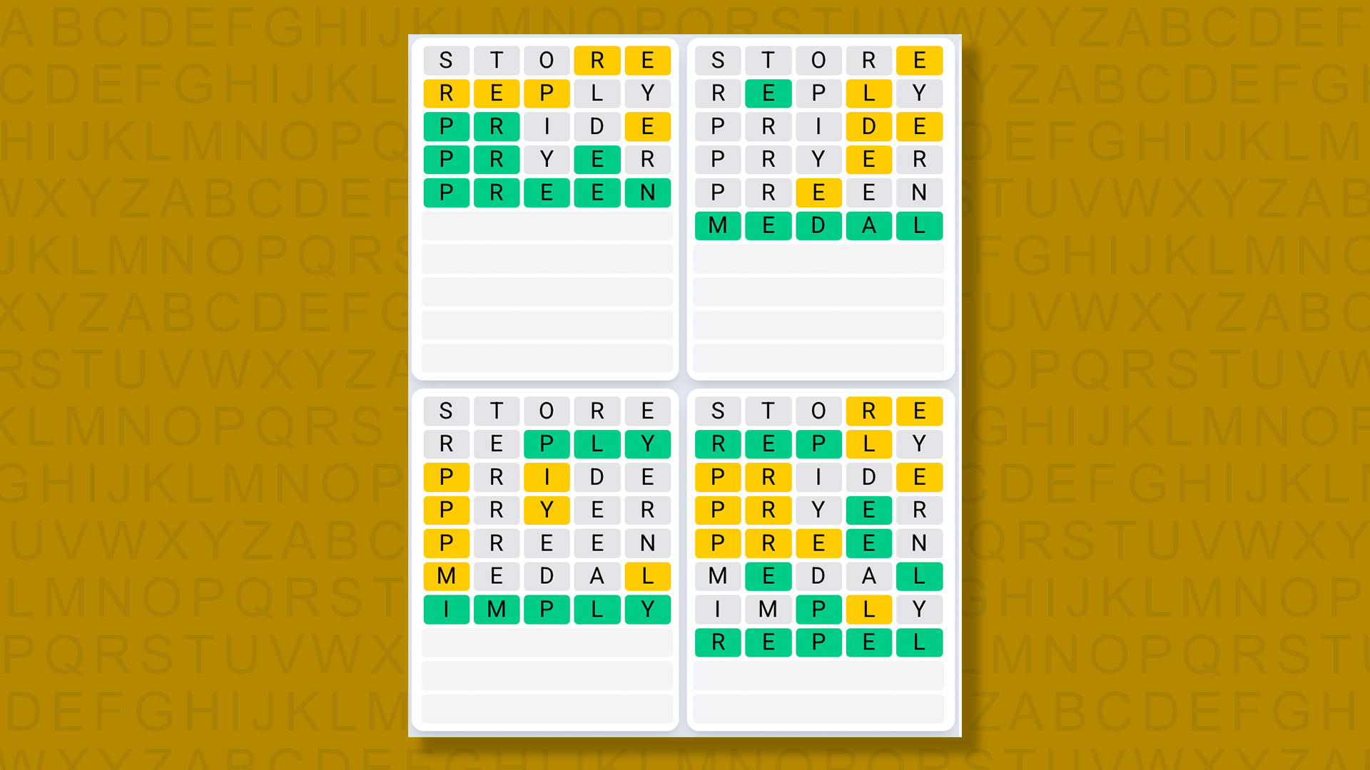 Quordle answers for the game 1447 on a yellow background