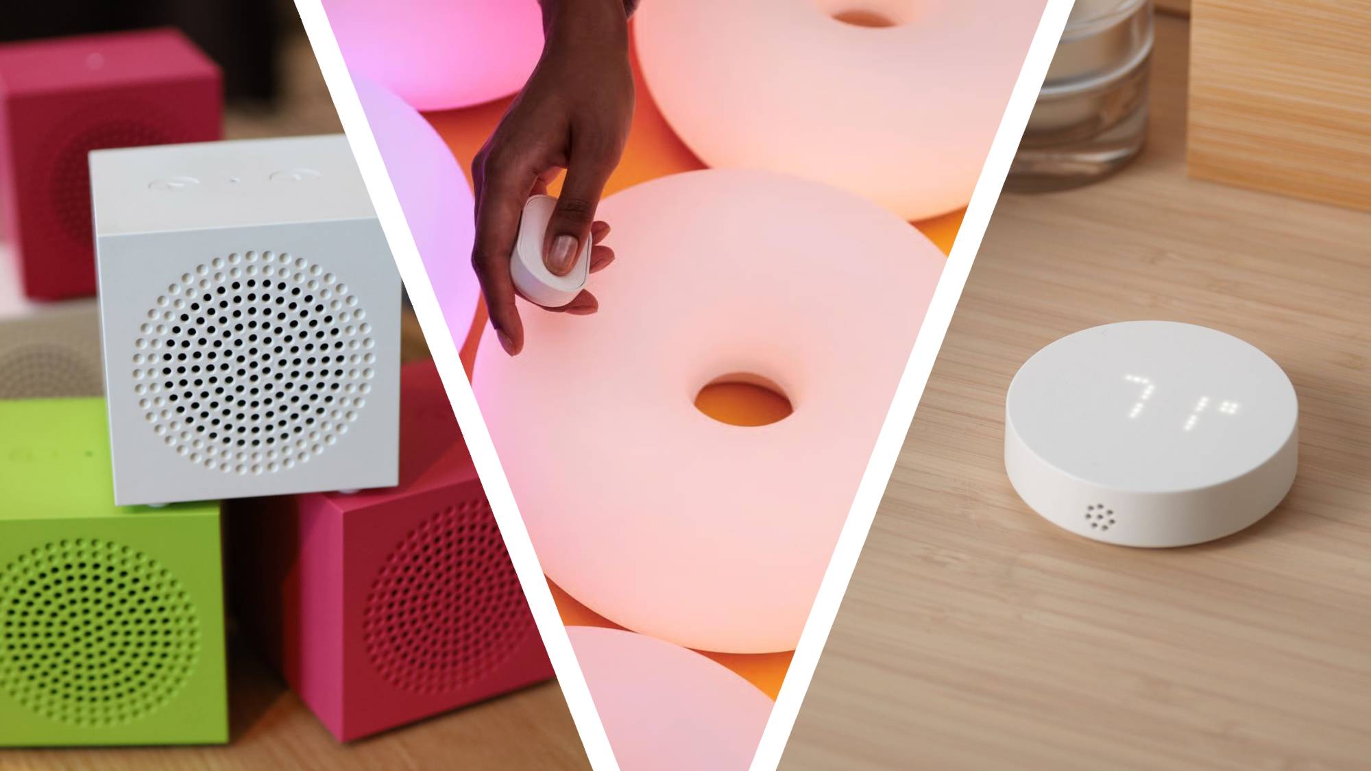 Tri-split image showing three new IKEA products, including a speaker, a smart lamp and an air quality sensor.