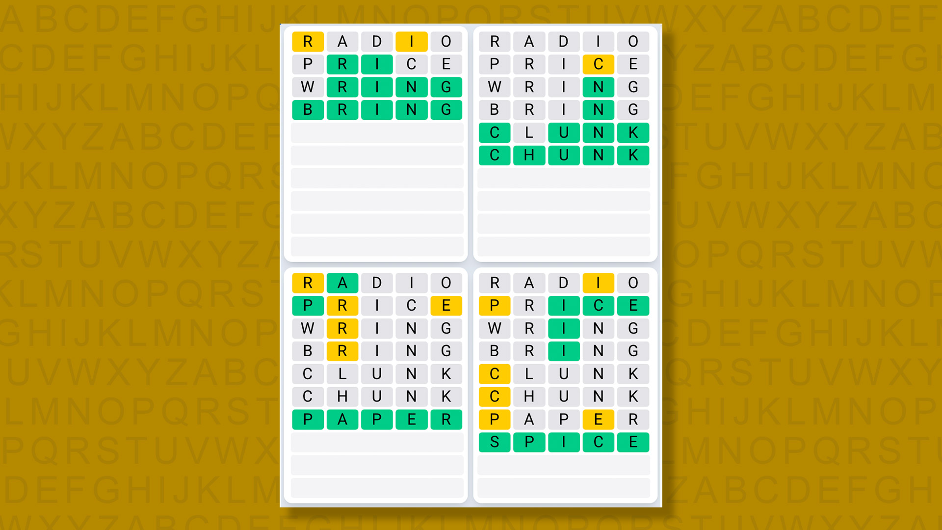 Quordle Daily Sequence answers for game 1449 on yellow background