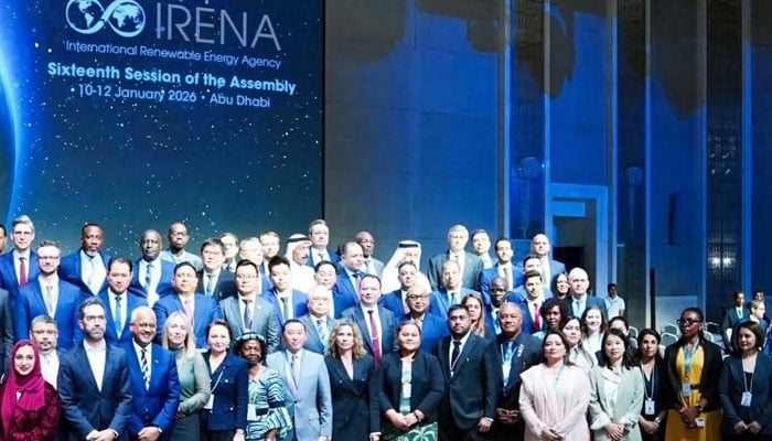 Climate Change Coordinator Romina Khurshid Alam and other participants pose for a group photo at the 16th IRENA Assembly in Abu Dhabi. - Journalist