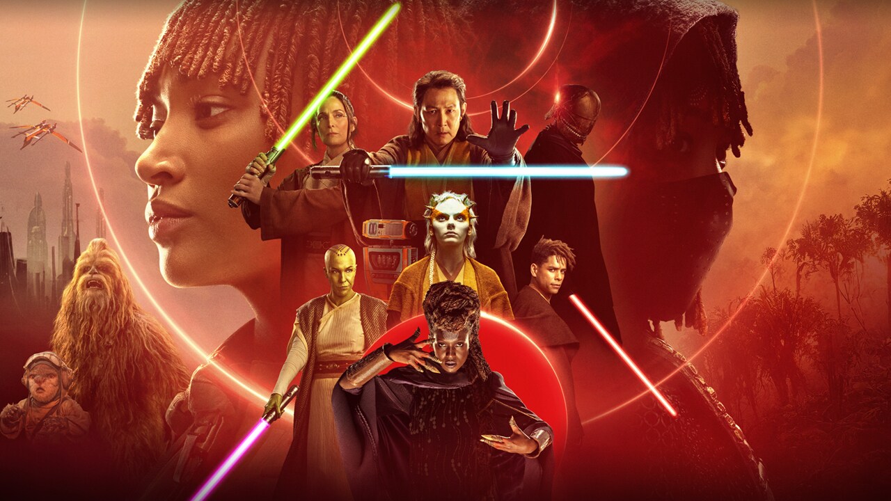 The main promotional artwork for Star Wars: The Sidekick showing the Disney Plus series' main cast in various poses