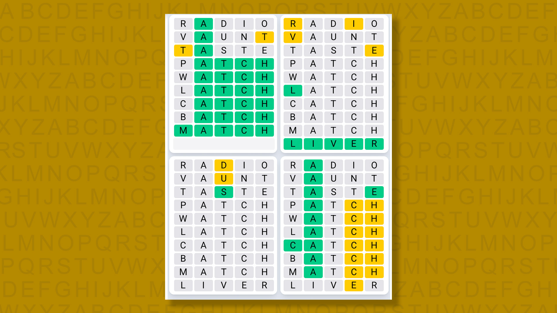 Quordle Daily Sequence answers for game 1454 on yellow background
