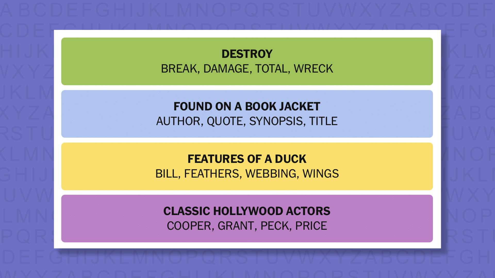 NYT Connections answers for game 952 on purple background