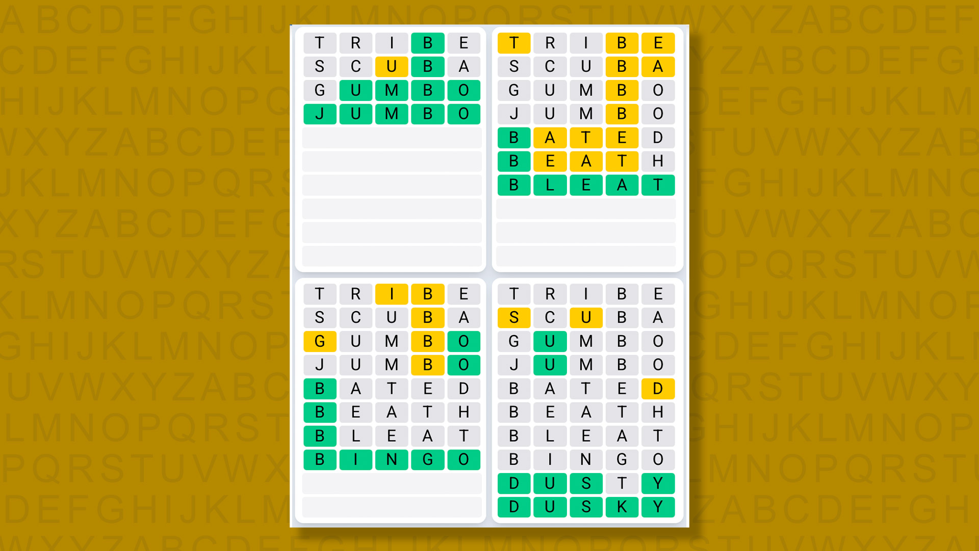 Quordle Daily Sequence answers for game 14578 on yellow background