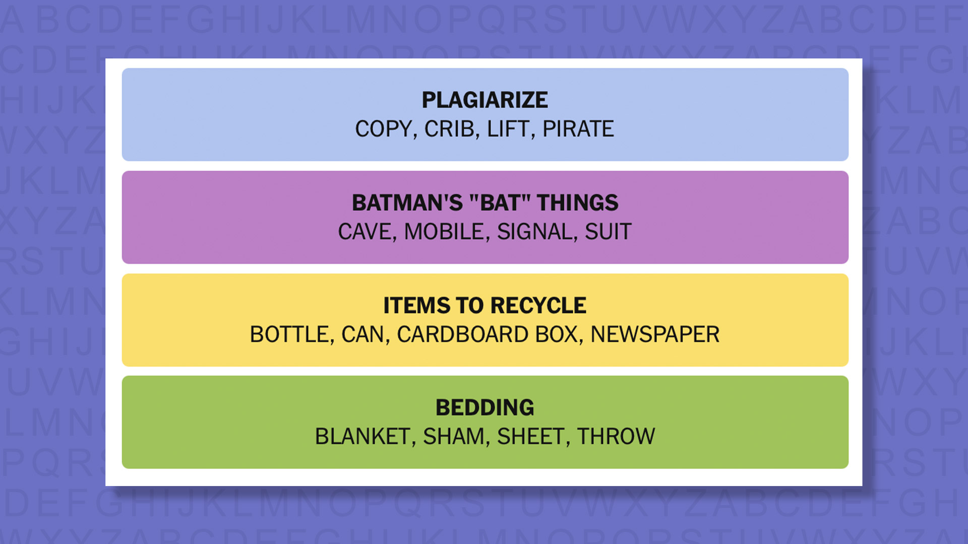 NYT Connections answers for game 955 on purple background