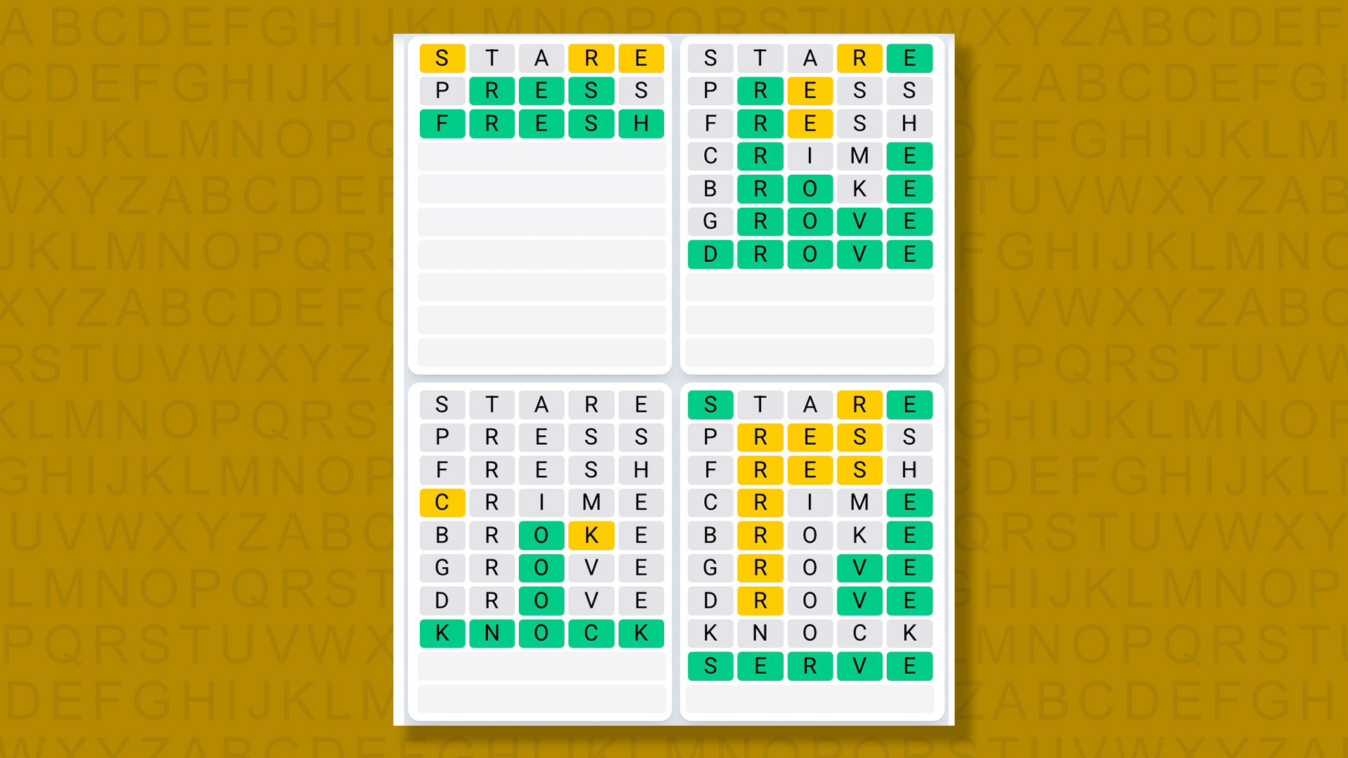 Quordle Daily Sequence answers for game 1464 on yellow background