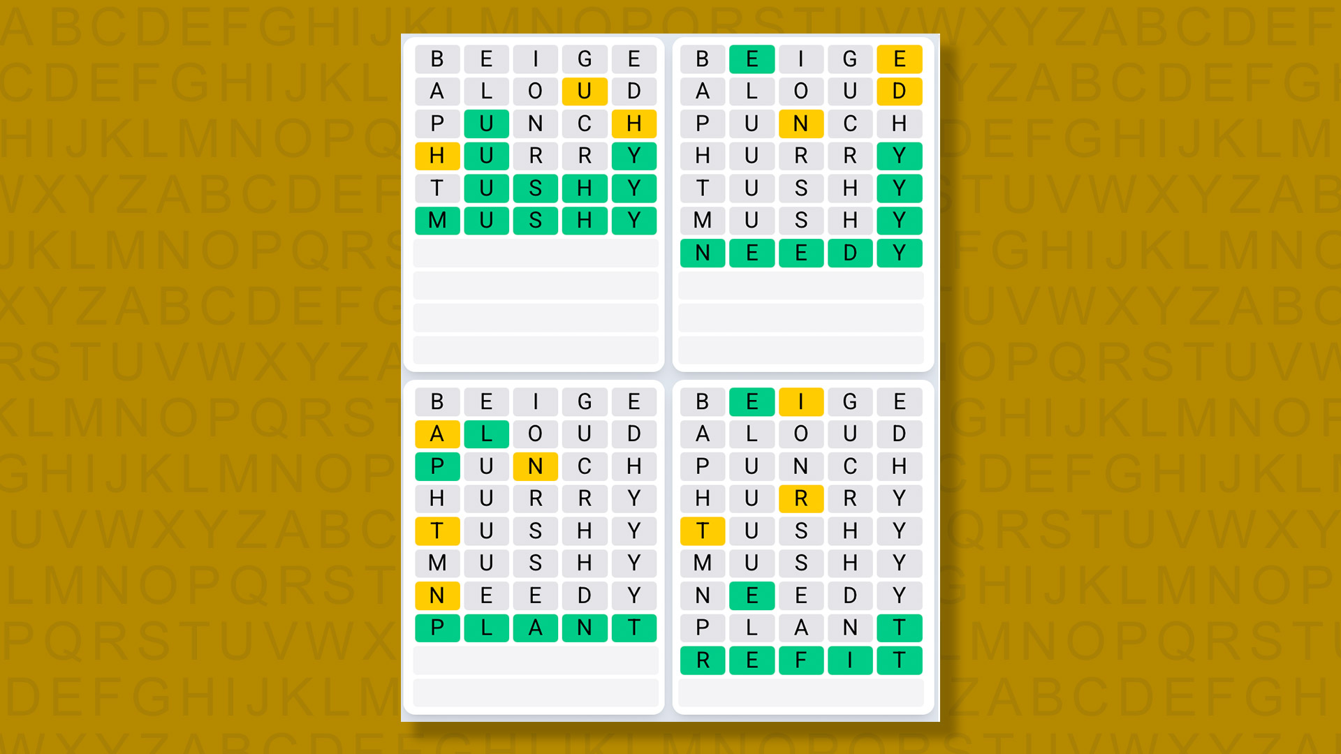 Quordle Daily Sequence answers for game 1465 on yellow background