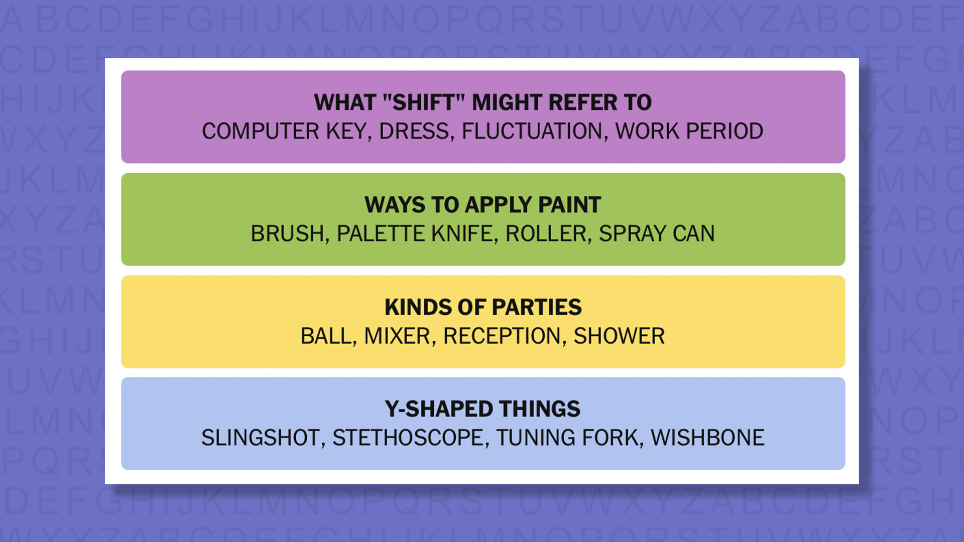 NYT Connections answers for game 965 on purple background