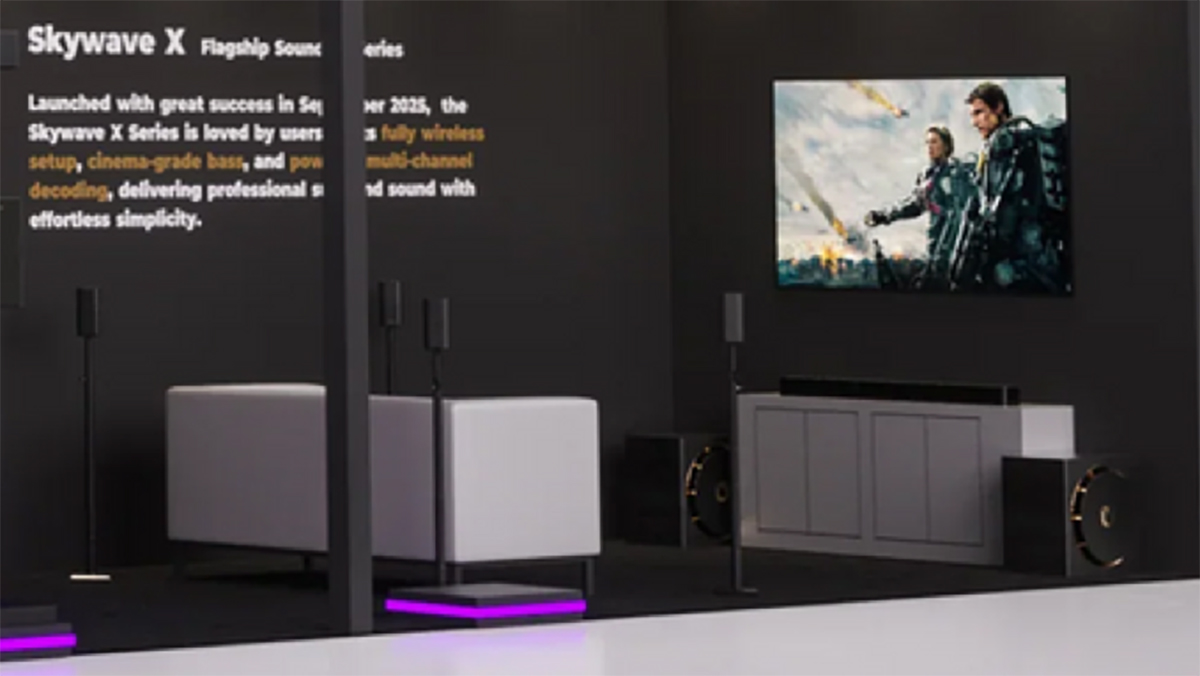 The Ultimea Skywave X100 Dual installed in a recreated living room, in a stand suitable for a show like CES