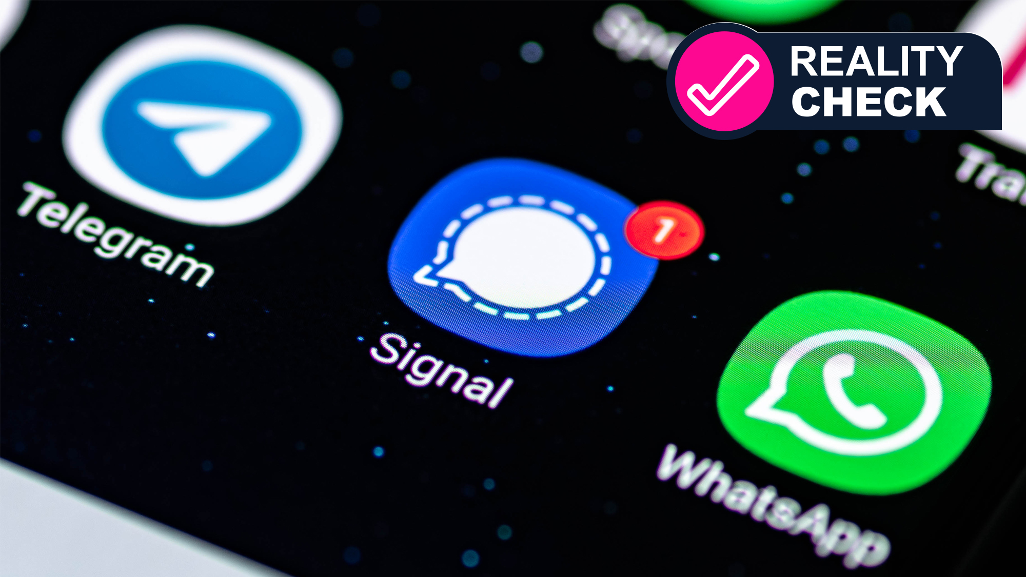 Close-up of a phone screen showing Telegram, Signal and WhatsApp apps
