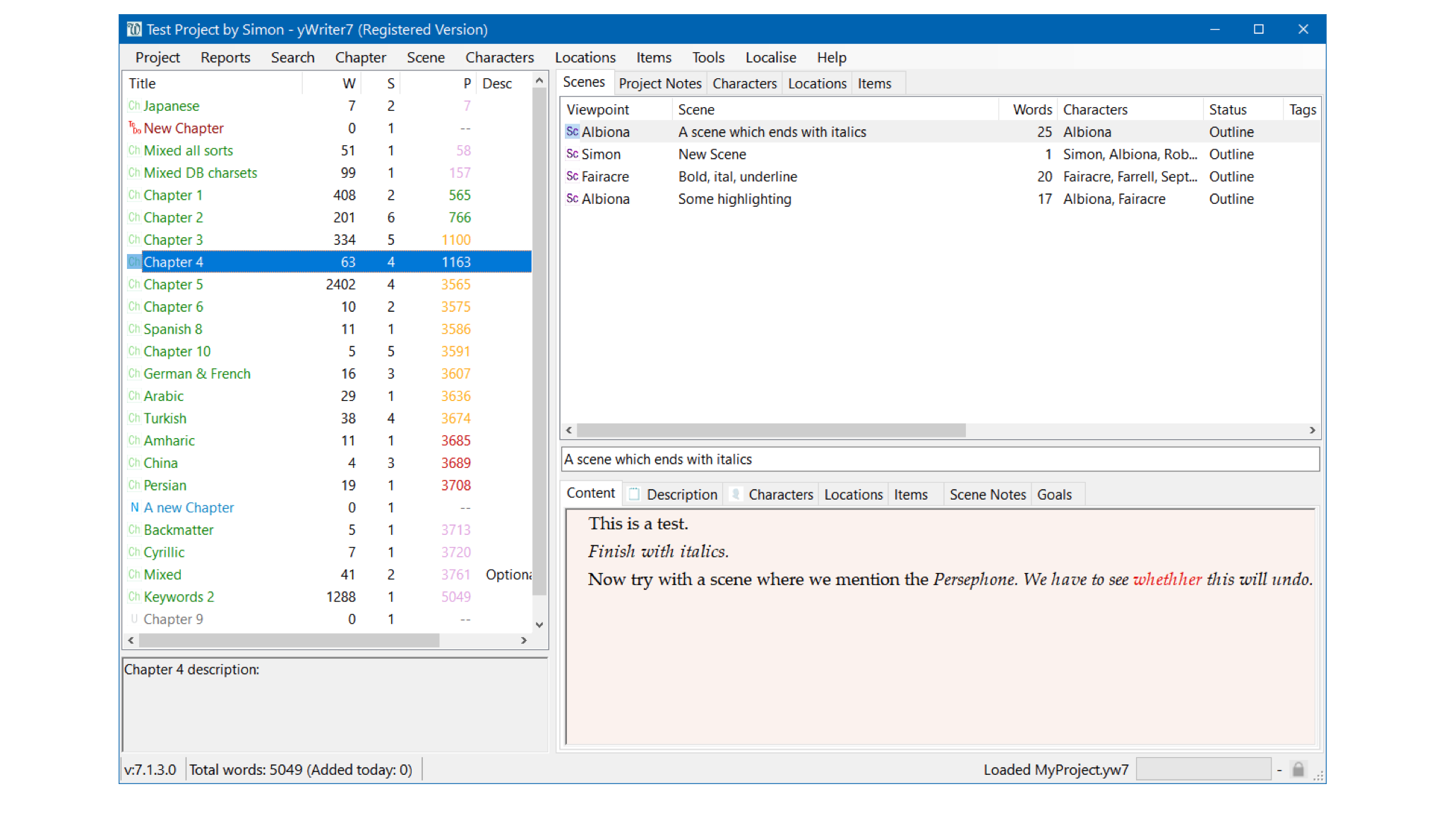 Screenshot of the yWriter application on Windows